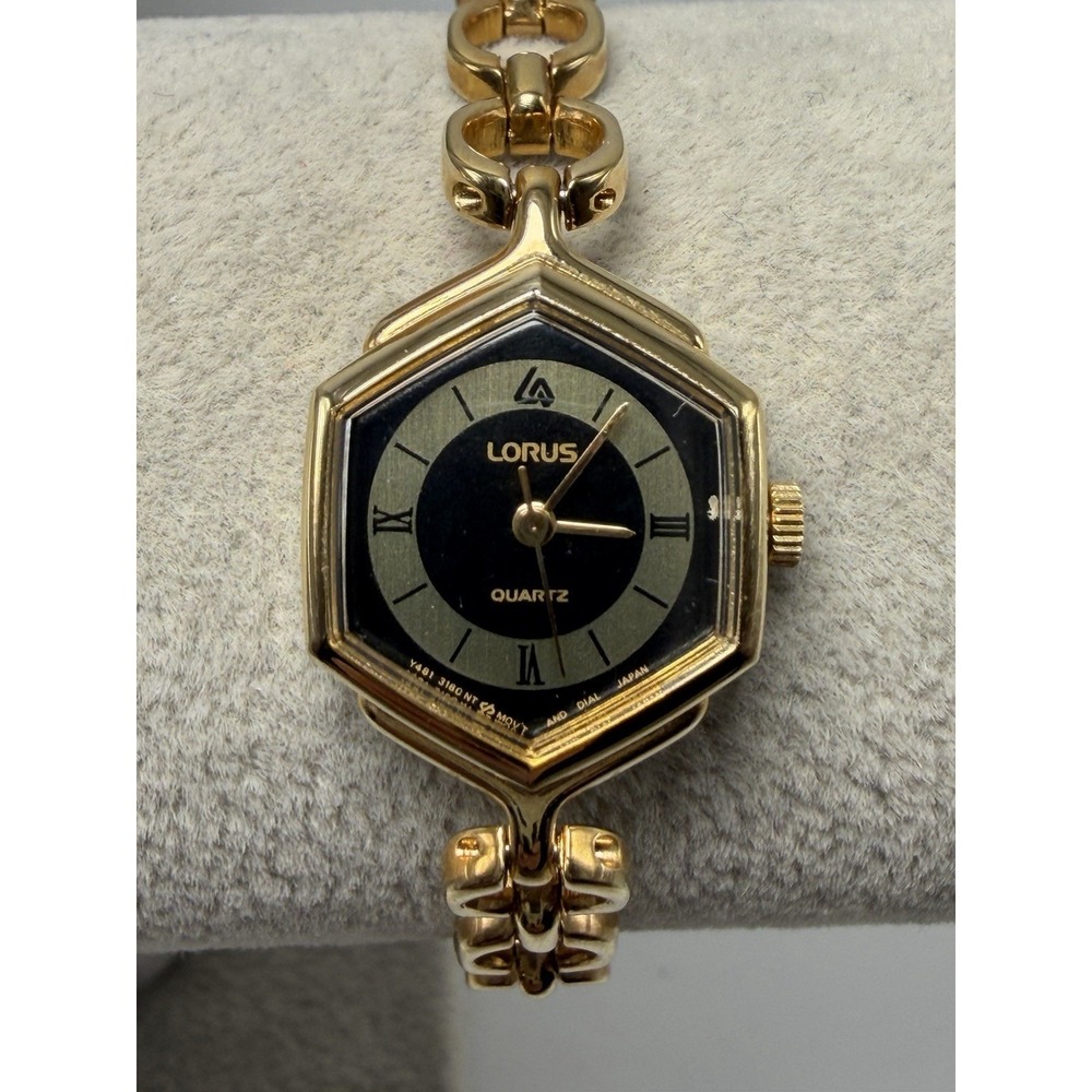 Lorus Y481-6530 New Battery Ladies Hexigon Watch 18MM 7" Vintage Gold Tone